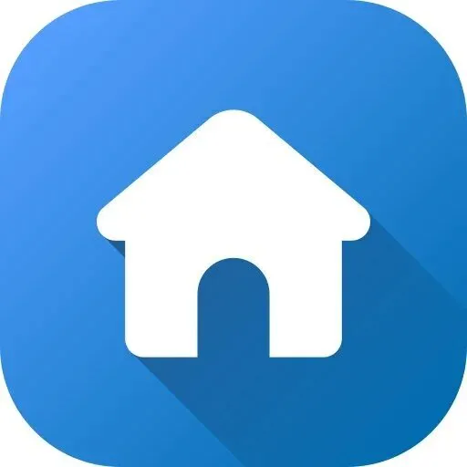 White house icon on a blue rounded square background with a long shadow.